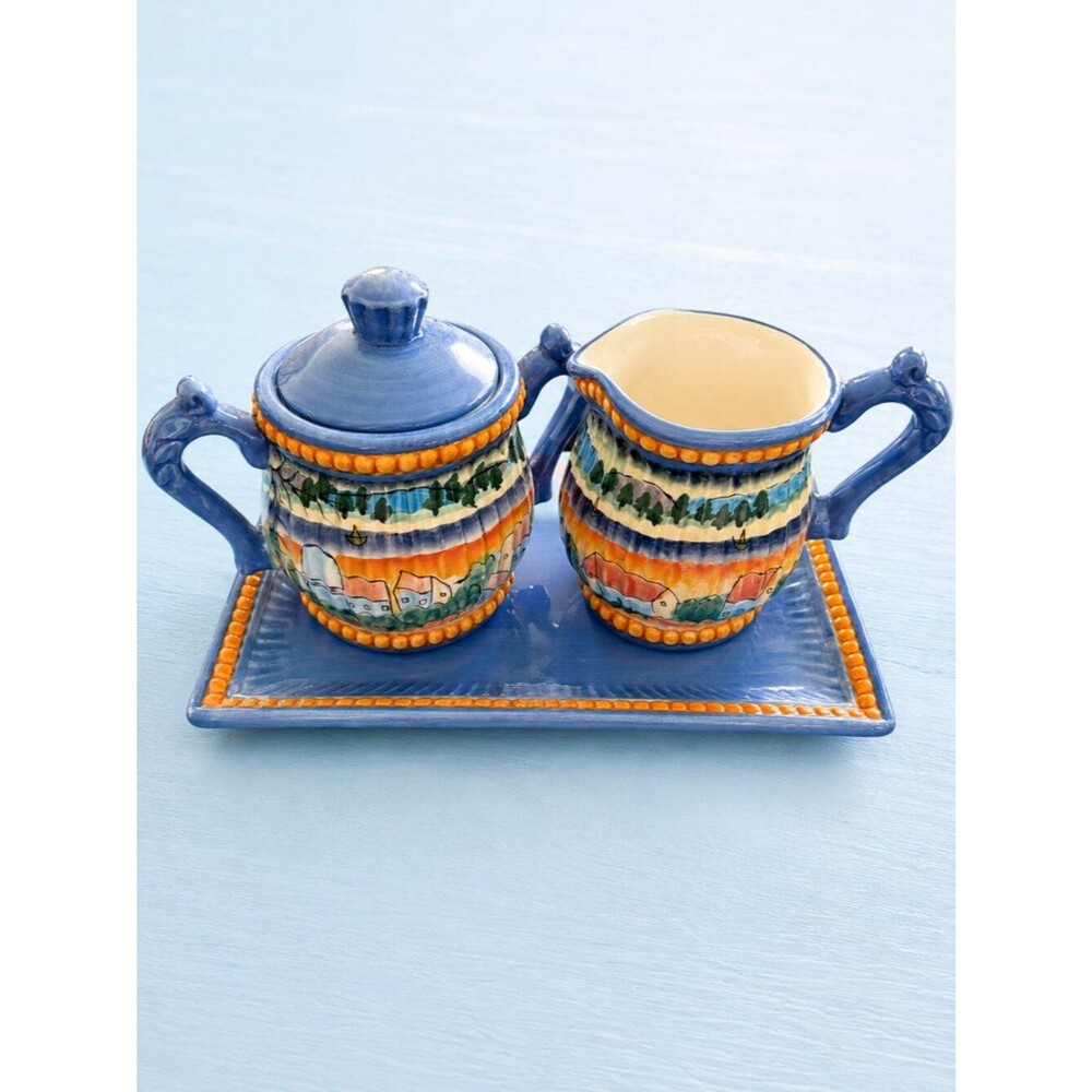 Vintage Baum Bros Style Eyes “Village by the Sea” Sugar & Creamer Set w/ Tray